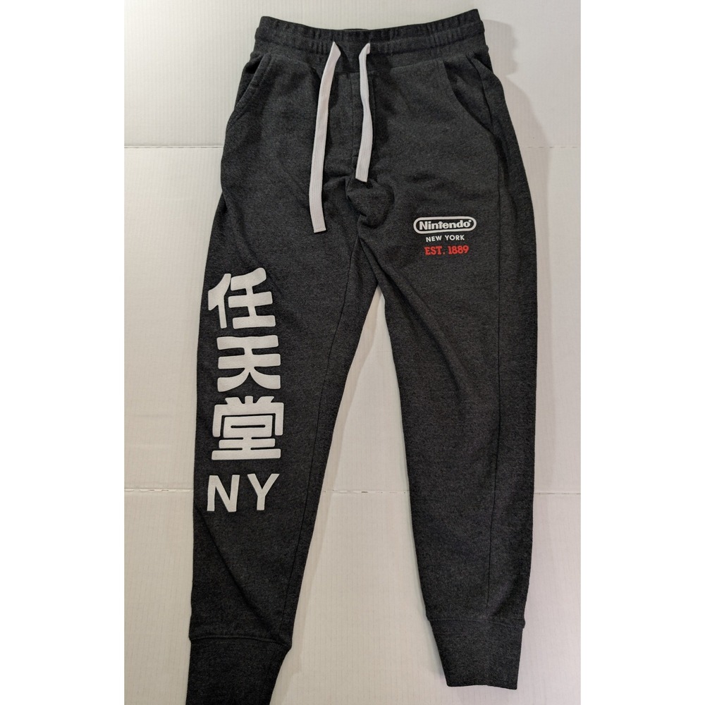 Nintendo Joggers Mens Medium Gray Excellent NY Logo Kanji Sweatpants